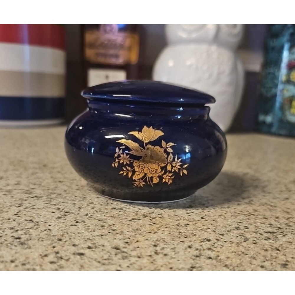 Round Cobalt Blue With Gold Floral Design Trinket Box